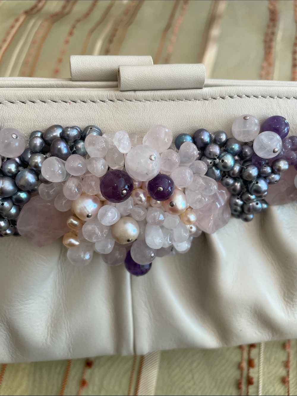 Anthropology style Embellished Cream Clutch with Purple and Pearl Accents